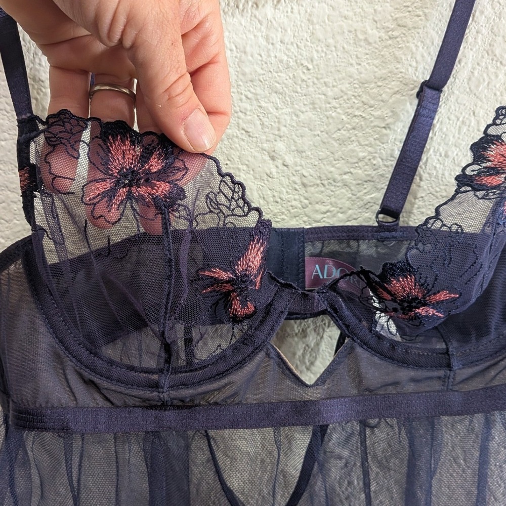 Adore Me Babydoll Chemise Mesh Lace 34B Navy Floral Sheer Lingerie Teddy Boudoir - Picture 3 of 8